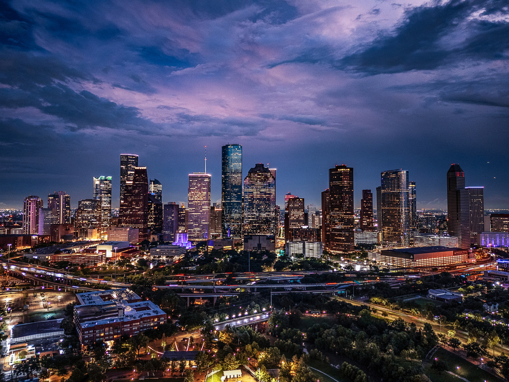 Aerial drone photo of Houston Texas skyline at twilight